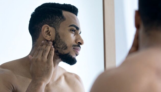 Young Man with Short Black Hair Examining his Face in a Mirror He's Touching his Chin and Neck