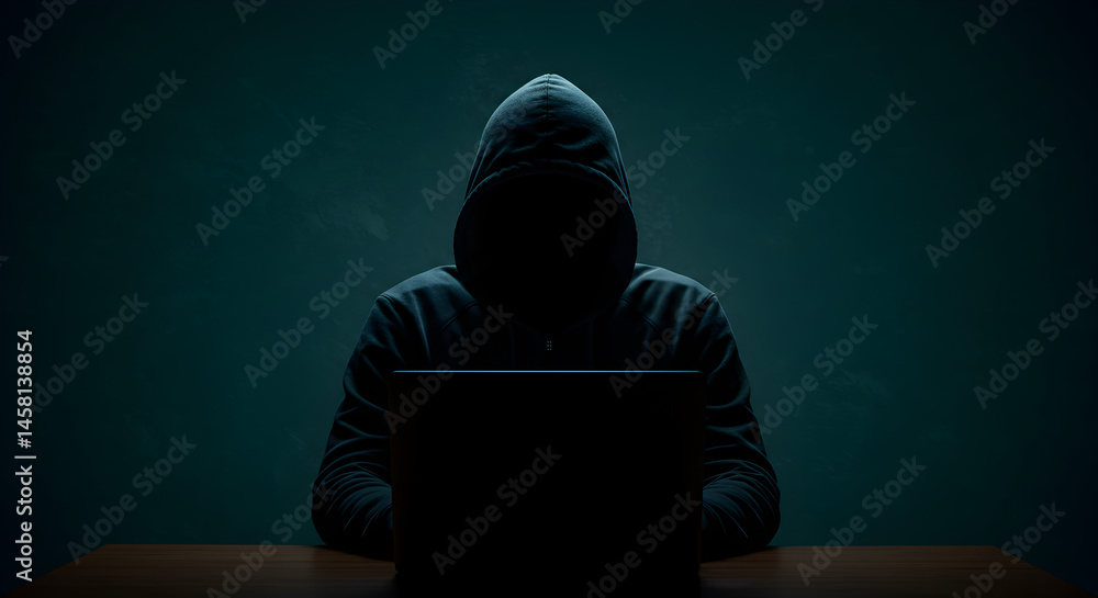 Poster hooded anonymous figure in shadow at desk under dim teal light in cybersecurity setting