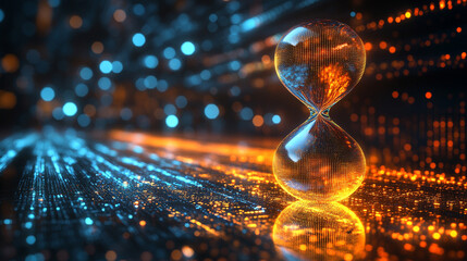 Glowing digital hourglass floats in a futuristic space with flowing particles and LED-style light, symbolizing the fusion of time and advanced technology in an abstract modern world.

