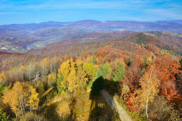 Beskidy mountains autumn landscape. Panorama from Koziarz peak, Beskid Sadecki, Poland
