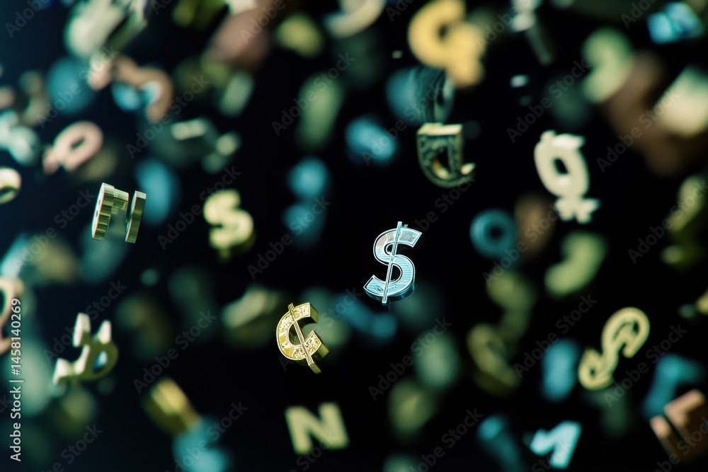 Poster currency symbols and data processing in a digital environment illustrating financial technology conc
