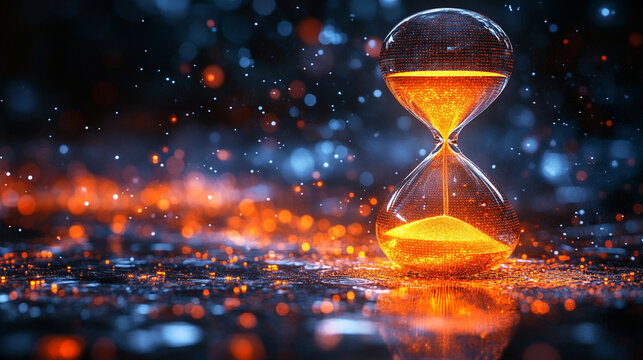 Glowing digital hourglass floats in a futuristic space with flowing particles and LED-style light, symbolizing the fusion of time and advanced technology in an abstract modern world.

 - Powered by Adobe