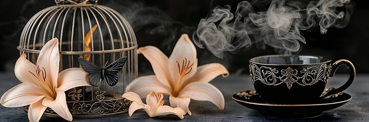 Cup of tea with lily and birdcage