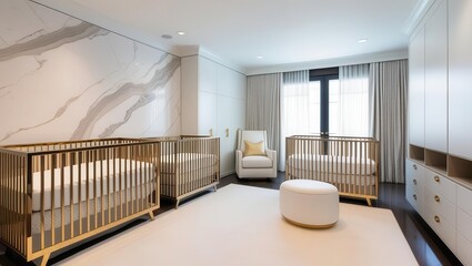 Cozy nursery design for twins modern apartment interior photography bright environment wide angle view family concept