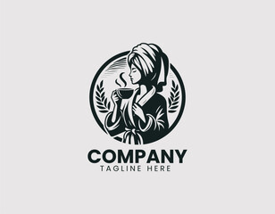 Stylish Woman Bathrobe Towel Drinking Coffee Vector Logo Design, Trendy Woman Robe Towel Enjoying Coffee Logo, Relaxed Woman Bathrobe Towel Coffee Illustration Logo