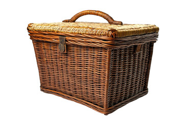 A rustic brown wicker picnic basket with a light tan lid and sturdy handle perfect for outdoor on transparent background