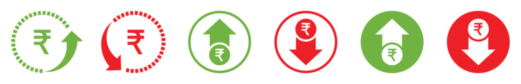 Indian rupee price up and down icons set. Rupee currency value trend icons. Money cost arrow growth, decline. Rupee trend icons showing currency value rising and falling with green up and red down.