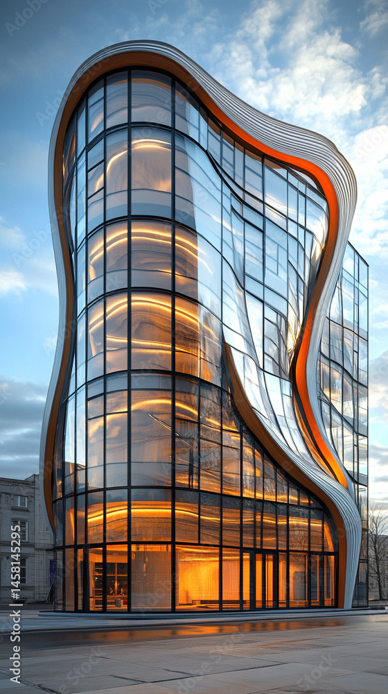 Aufkleber futuristic 3d rendering of modern architecture with a flowing wavy facade symbolizes innovation, flu