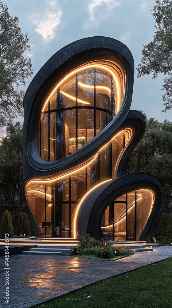 Poster futuristic 3d rendering of modern architecture with a flowing wavy facade symbolizes innovation, flu