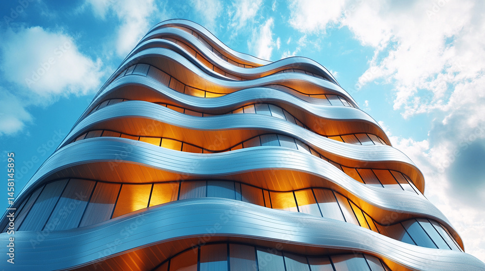 Poster futuristic 3d rendering of modern architecture with a flowing wavy facade symbolizes innovation, flu