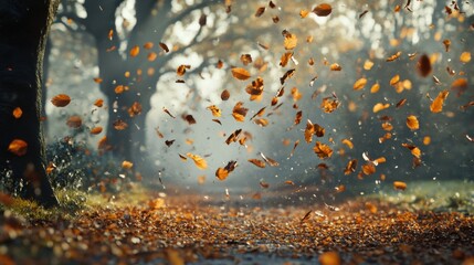  captures the mesmerizing moment of leaes flying in a stormy wind, showcasing the ibrant colors and textures of autumn foliage in a dense forest enironment