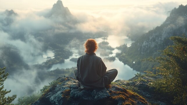 man meditating in the mountains