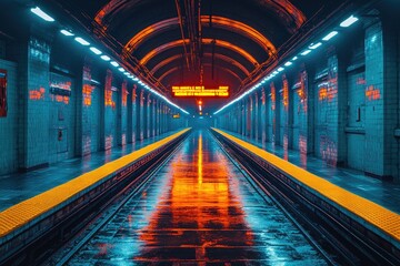 Fototapeta premium A quiet subway station, nearly deserted, just before the stroke of midnight.