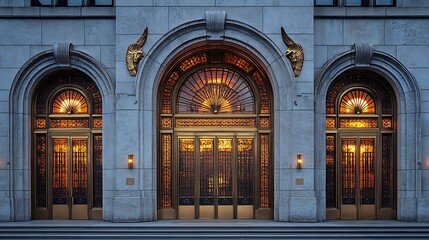 Obraz premium Deco art building entrance with gold glass doors high resolution images