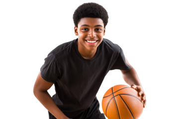 Confident young basketball player with ball with a cheerful expression, isolated on transparent background