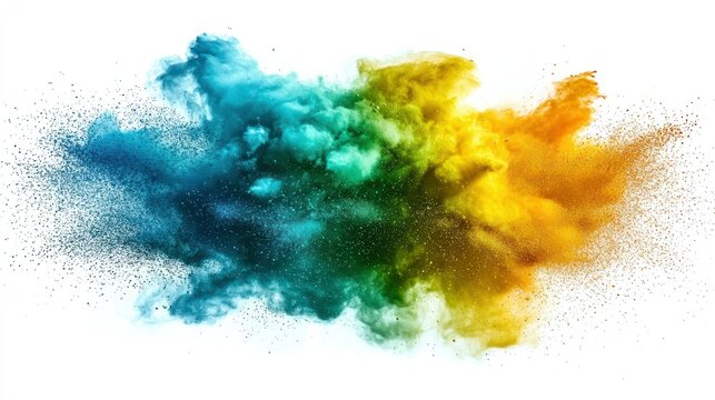 Vibrant colorful powder explosion against white background. Detailed bursts of teal, green, and orange hues