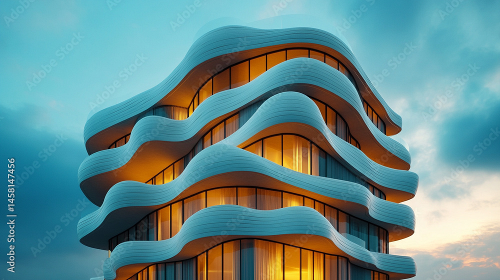 Poster futuristic 3d rendering of modern architecture with a flowing wavy facade symbolizes innovation, flu
