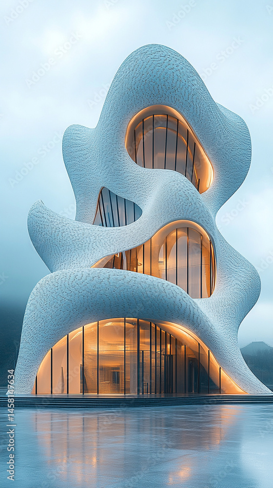 Poster futuristic 3d rendering of modern architecture with a flowing wavy facade symbolizes innovation, flu