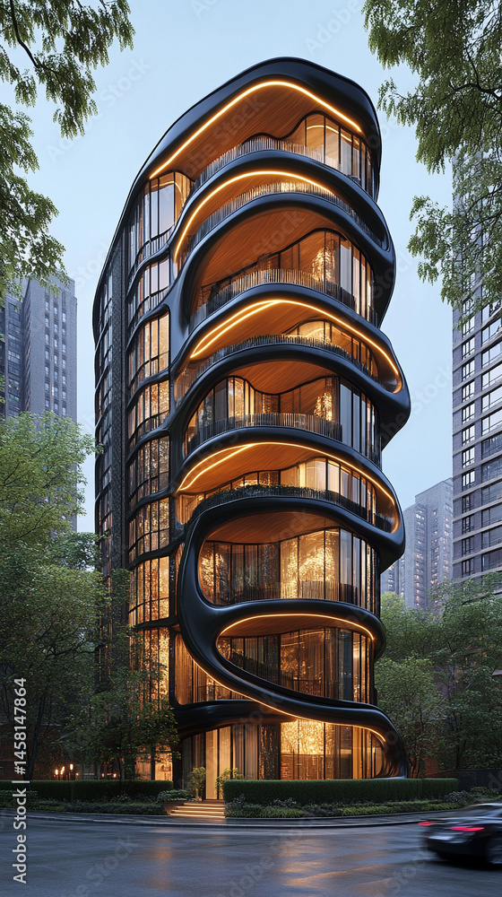 Aufkleber futuristic 3d rendering of modern architecture with a flowing wavy facade symbolizes innovation, flu