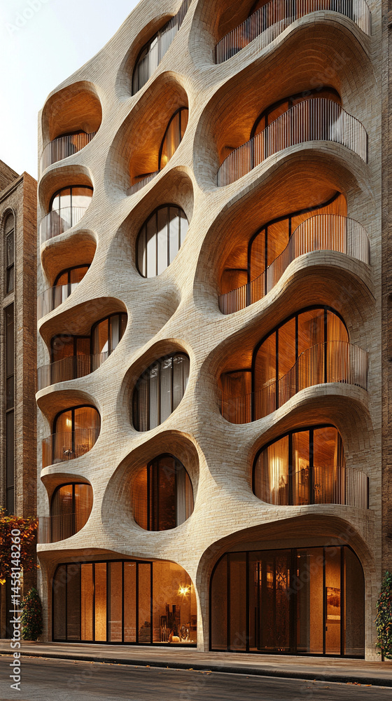 Poster futuristic 3d rendering of modern architecture with a flowing wavy facade symbolizes innovation, flu
