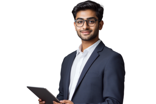 Portrait of a handsome Indian businessman in suit holding a tablet, isolated on transparent background