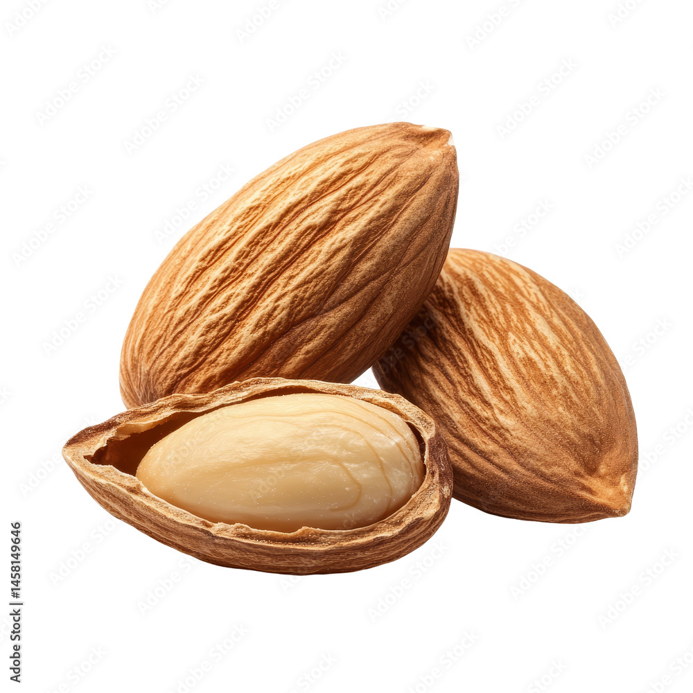 Aufkleber almonds in their shells on a clean transparent background highlighting their natural textures and co