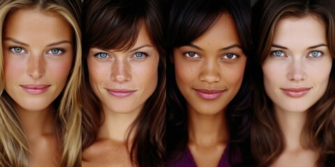 Obraz premium Diverse group of four women showcasing unique beauty features with captivating expressions demonstrating individuality and multiculturalism reflecting contemporary beauty standards in natural