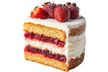 Delicious strawberry cake slice layered with creamy frosting and sweet jam fresh strawberries on top a on transparent background