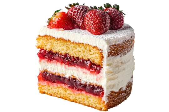 Delicious strawberry cake slice layered with creamy frosting and sweet jam fresh strawberries on top isolated on transparent background