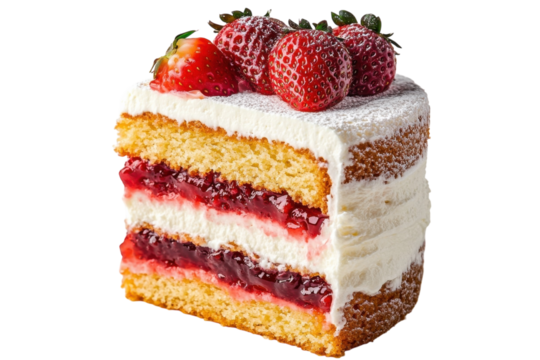Delicious strawberry cake slice layered with creamy frosting and sweet jam fresh strawberries on top a on transparent background