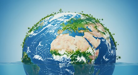 Fototapeta premium Planet Earth Submerged: A 3D Visualization of Rising Sea Levels and Environmental Crisis