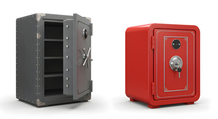 Obraz premium Two Safes Gray with Open Door and Empty Shelves Red Safe Standing on White Surface for Security and Storage