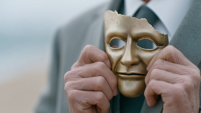 Unveiling: A man in a suit holds a broken golden mask, his actions speaking of hidden truths and the layers of identity. The atmospheric lighting adds a sense of mystery and invites introspection.