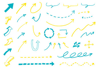 手書きの矢印セット。色んな種類のカーソル。ベクターイラスト。
