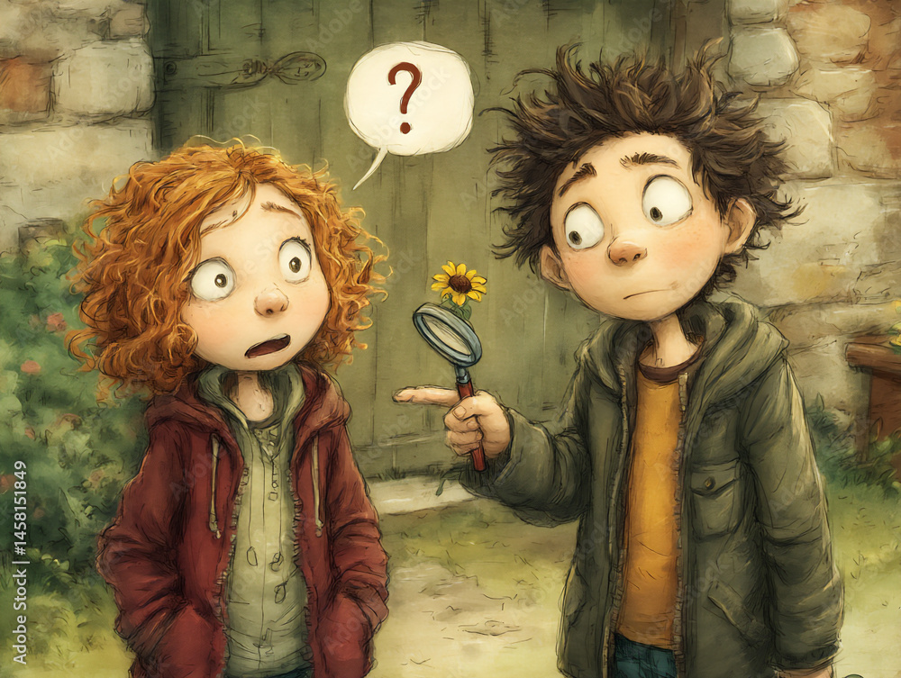 Poster a cute digital illustration of two children in a garden, one using a magnifying glass to examine a f