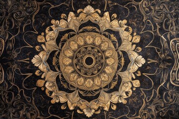 Intricate Mandala Kaleidoscope Design with Psychedelic Elements in Deep Black and Gold, Mandala 3D Kaleidoscope seamless  Psychedelic Trippy