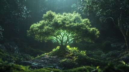 Obraz premium Illuminated Tree in Mystical Forest with Soft Rainfall Effects