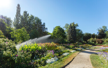 Sunny summer morning in a landscaped park with irrigation system in action in summer morning.