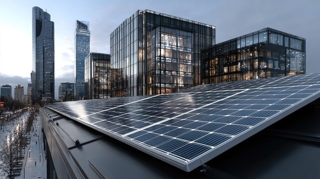 Modern cityscape with solar panels on a rooftop.  Urban renewal, sustainable energy
