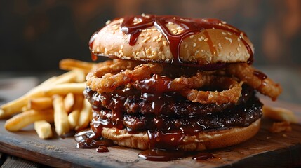 Towering BBQ Burger with Crispy Onion Rings and Golden Fries

