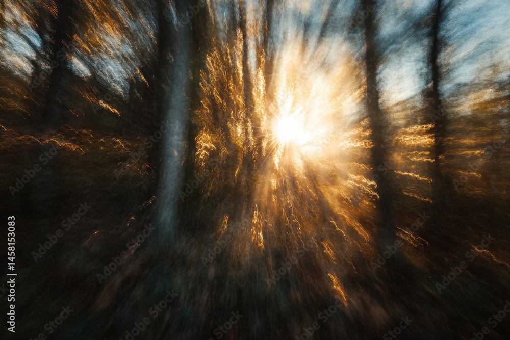 Poster Sunlight filtering through dense woods creates a shimmering lens flare effect in afternoon light, Panning rightward, dense woods under the sun, lens flare