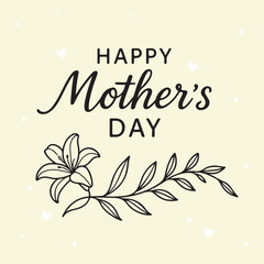 Minimal Mother's Day Floral Lettering, Black and White Hand Drawn Vector Art