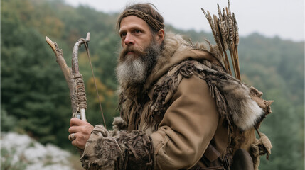 Hunter of the Woods: A rugged hunter stands ready in a primeval forest, equipped with a traditional bow and arrows, dressed in animal fur garments.