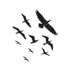 Flying birds silhouette black vector illustration, multiple birds in flight, perfect for nature, wildlife