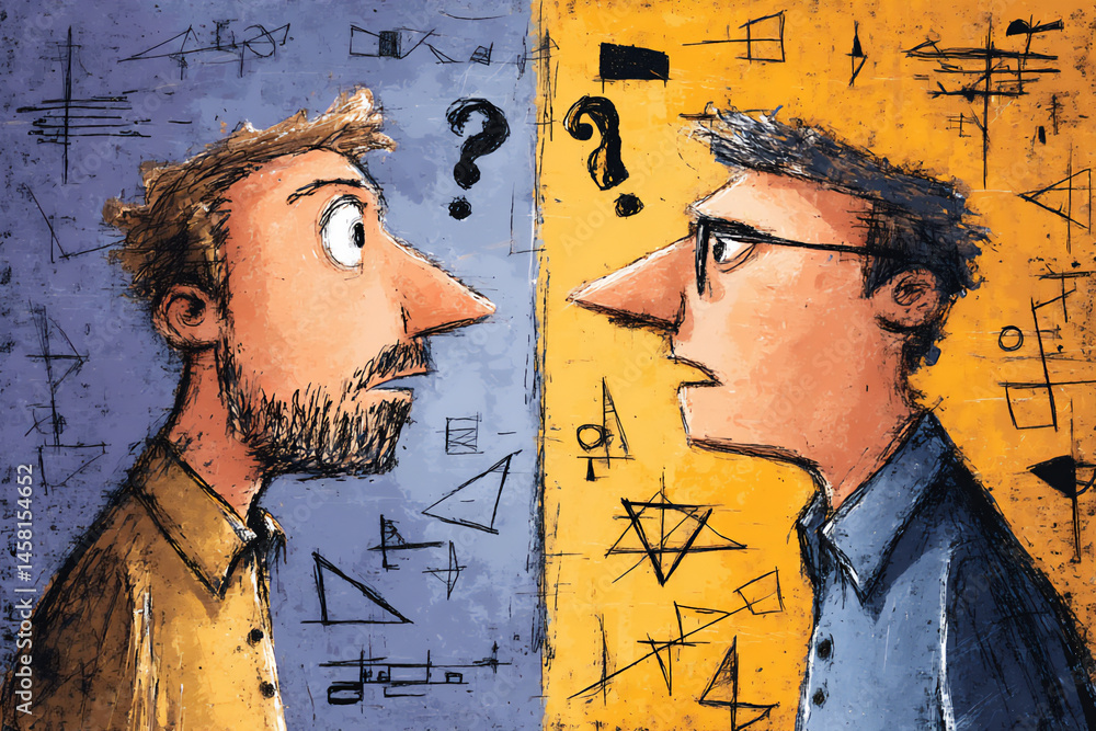 Poster a flat digital illustration of two abstract figures facing each other with a chaotic mix of geometri