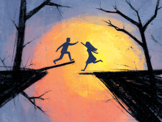 Obraz premium a simple digital artwork featuring two people building a bridge of connecting lines across the tangled mess between them, reaching out to each other