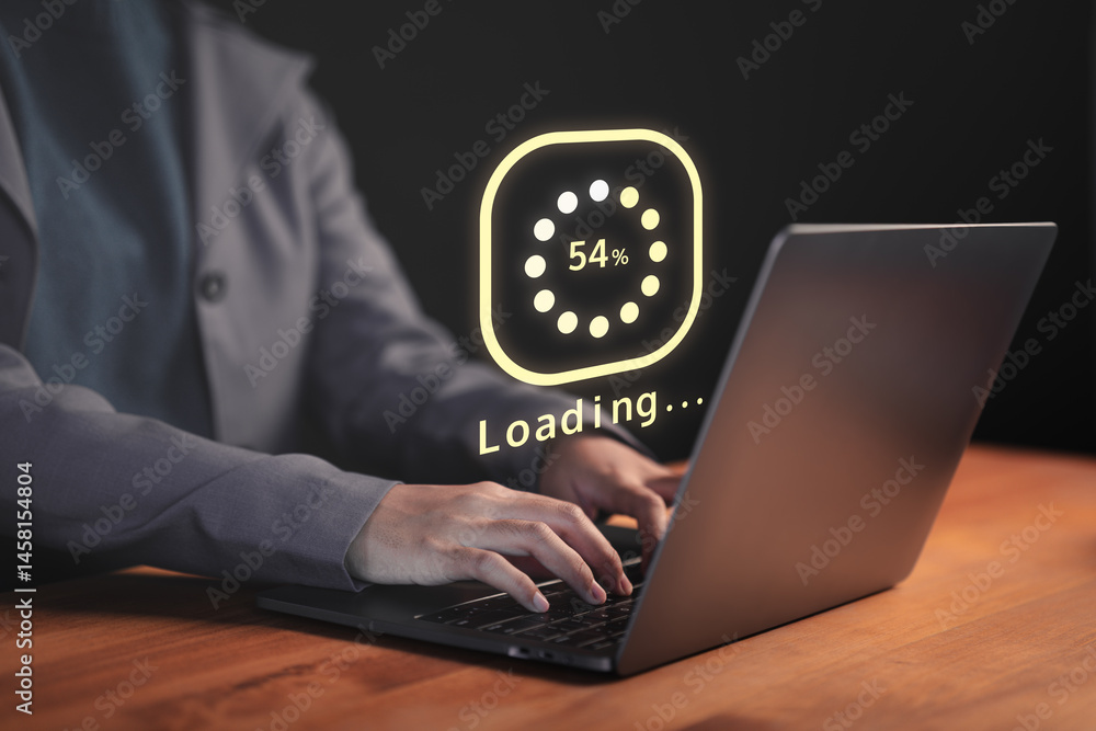 Fototapete Female employee types on a laptop with a floating Loading... progress bar, representing data processing or digital wait time in a modern tech environment, anticipation of technology responding.