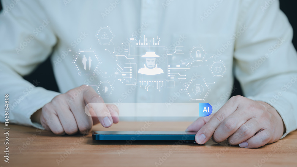 Aufkleber Person uses a smartphone with an AI powered interface displaying cybersecurity threats and hacker icons, highlighting risks in artificial intelligence technology.