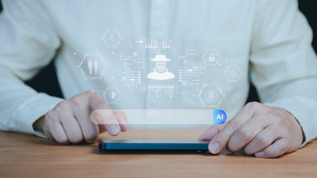 Person uses a smartphone with an AI powered interface displaying cybersecurity threats and hacker icons, highlighting risks in artificial intelligence technology.