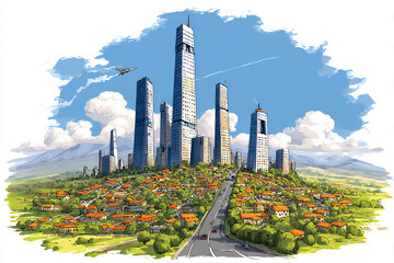 Fototapeta premium a vibrant digital illustration showing a team planning a large mixed-use complex model with residential towers, commercial areas, and public spaces